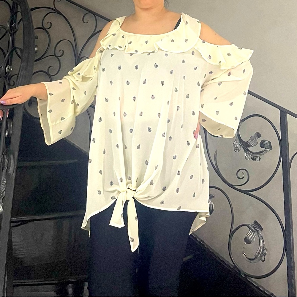 Long sleeve front knot tie blouse available in 1X-2X